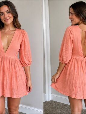 Vici Peach Colored Plunge V-Neck Puff Sleeve Mini Dress